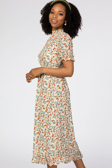Ivory Floral Mock Neck Midi Dress