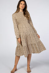 Taupe Floral Smocked Long Sleeve Maternity Maxi Dress