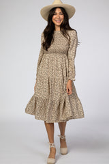 Taupe Floral Smocked Long Sleeve Maxi Dress