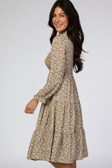 Taupe Floral Smocked Long Sleeve Maxi Dress