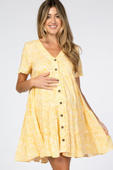 Yellow Floral Ruffle Tiered Button Front Maternity Dress