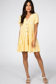 Yellow Floral Ruffle Tiered Button Front Dress