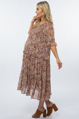 Rust Floral Tiered Ruffle Accent Maternity Midi Dress