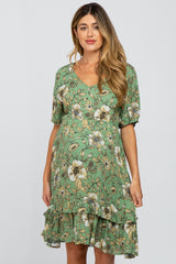 Light Olive Floral Ruffle Accent Maternity Dress