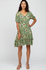 Light Olive Floral Ruffle Accent Maternity Dress