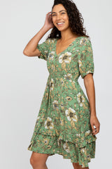 Light Olive Floral Ruffle Accent Dress