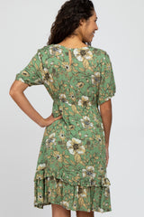 Light Olive Floral Ruffle Accent Dress