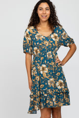 Teal Floral Ruffle Accent Dress
