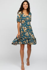Teal Floral Ruffle Accent Dress