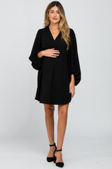 Black Solid Draped Bubble Sleeve Maternity Dress