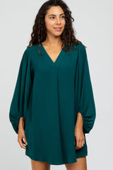 Forest Green Solid Draped Bubble Sleeve Dress