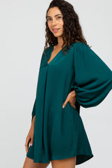 Forest Green Solid Draped Bubble Sleeve Dress