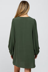 Olive Solid Draped Bubble Sleeve Maternity Dress