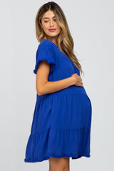 Royal Blue Fringe Trim Tiered Maternity Dress