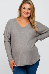 Heather Grey Waffle Knit Long Sleeve Maternity Plus Top
