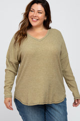 Olive Waffle Knit Long Sleeve Plus Top