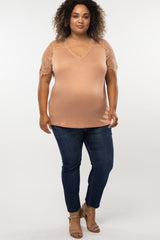 Peach Lace Sleeve V Neck Maternity Plus Top