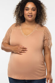 Peach Lace Sleeve V Neck Maternity Plus Top
