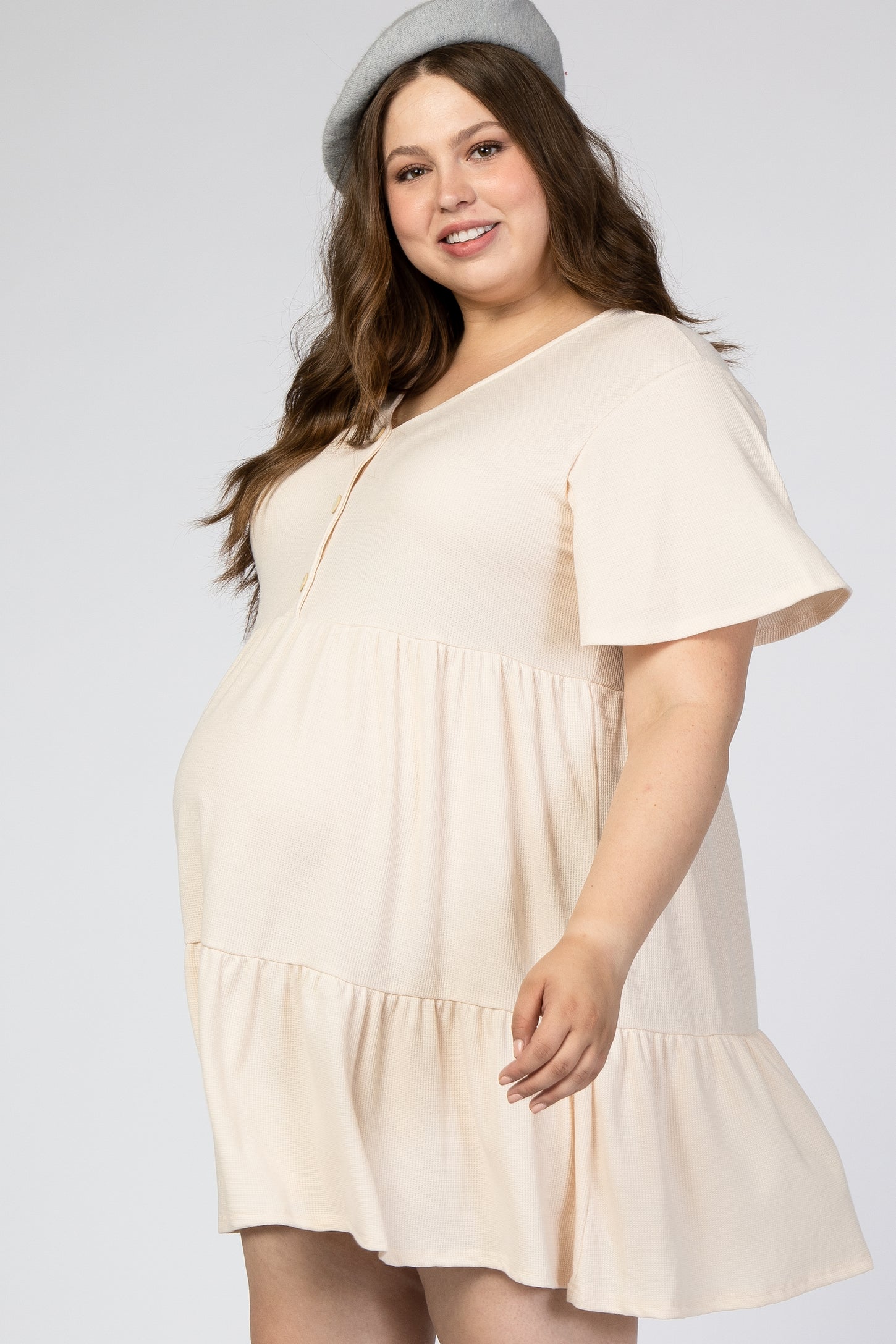 Cream Button Front Tiered Maternity Plus Dress