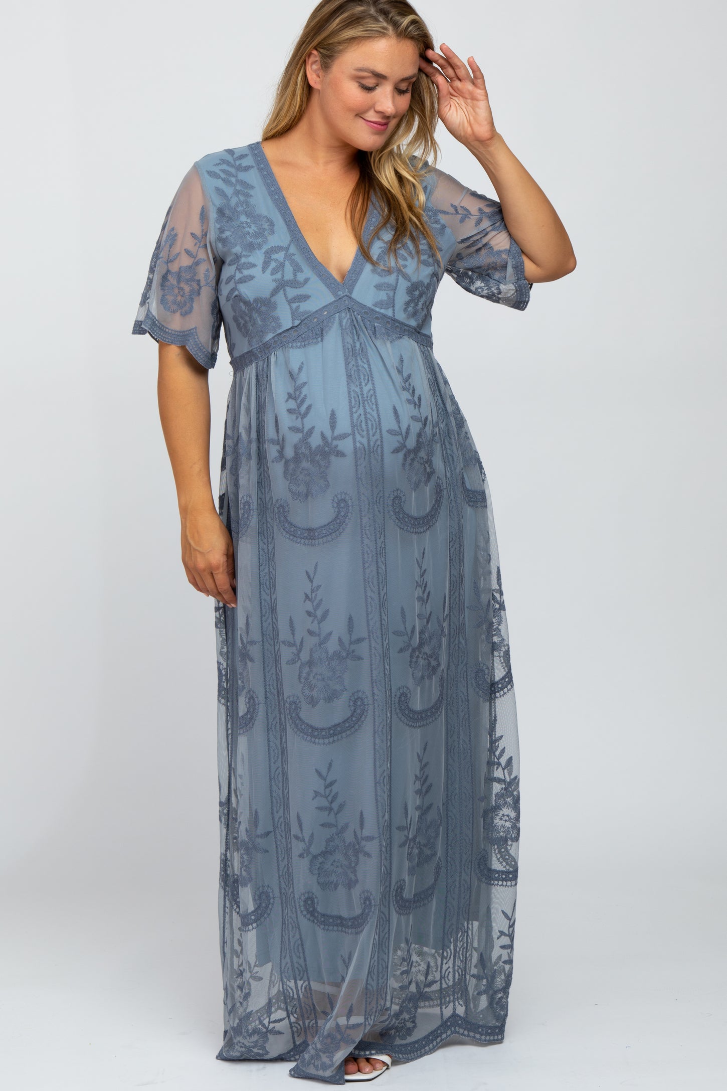 Blue Lace Mesh Overlay Maternity Plus Maxi Dress PinkBlush Blue Lace Mesh Overlay Maternity Plus Maxi Dress PinkBlush