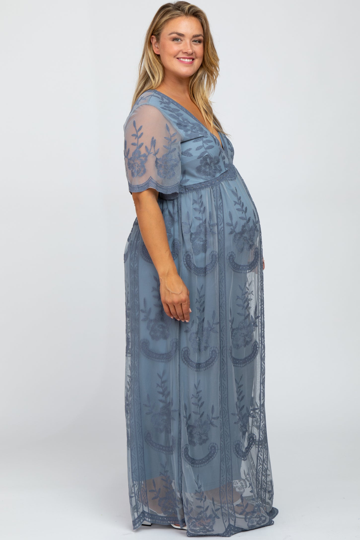 Blue Lace Mesh Overlay Maternity Plus Maxi Dress – PinkBlush