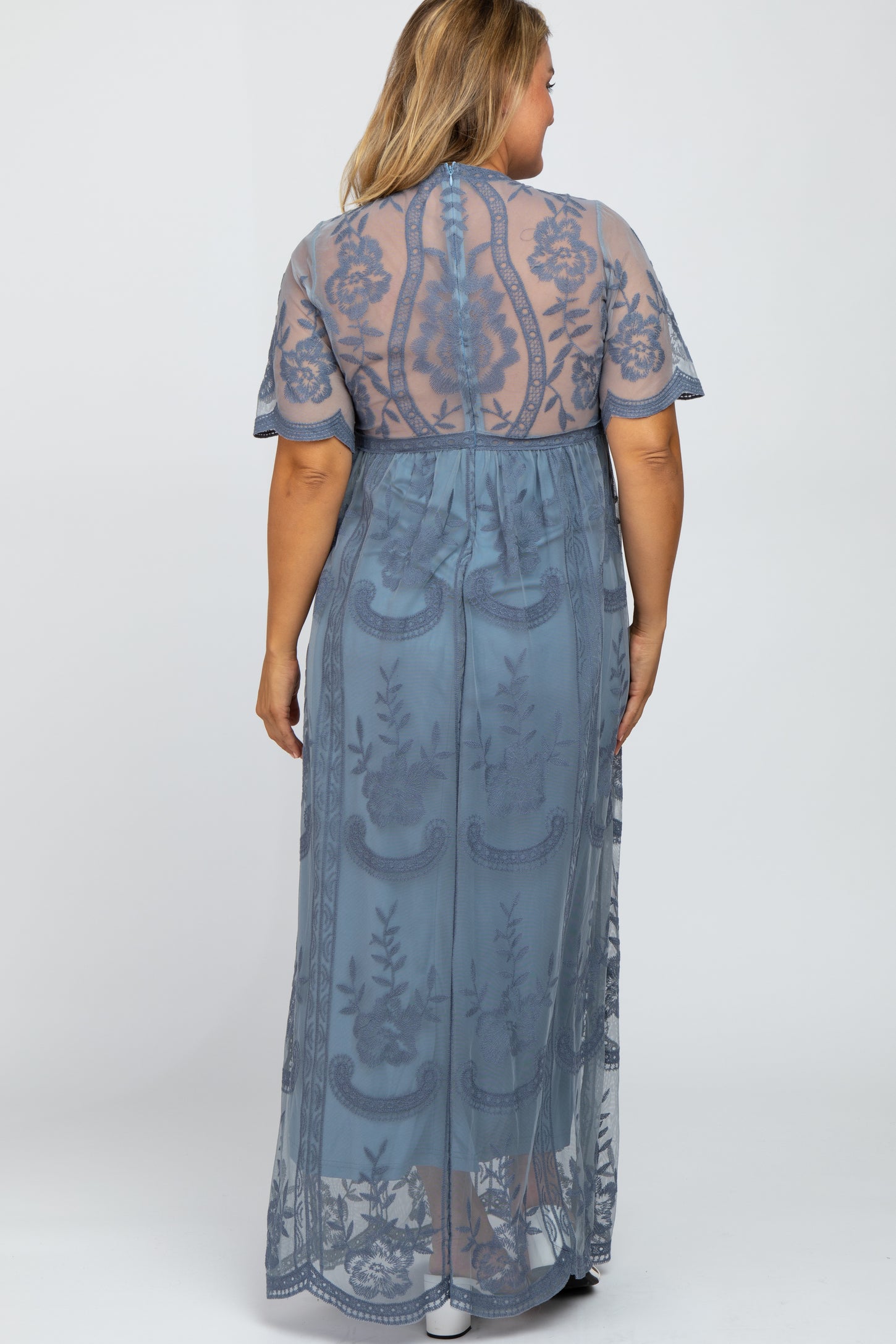 Blue Lace Mesh Overlay Maternity Plus Maxi Dress– PinkBlush