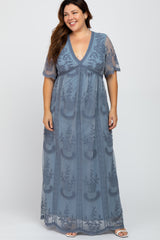 Blue Lace Mesh Overlay Maternity Plus Maxi Dress