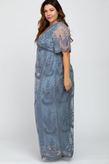 Blue Lace Mesh Overlay Plus Maxi Dress