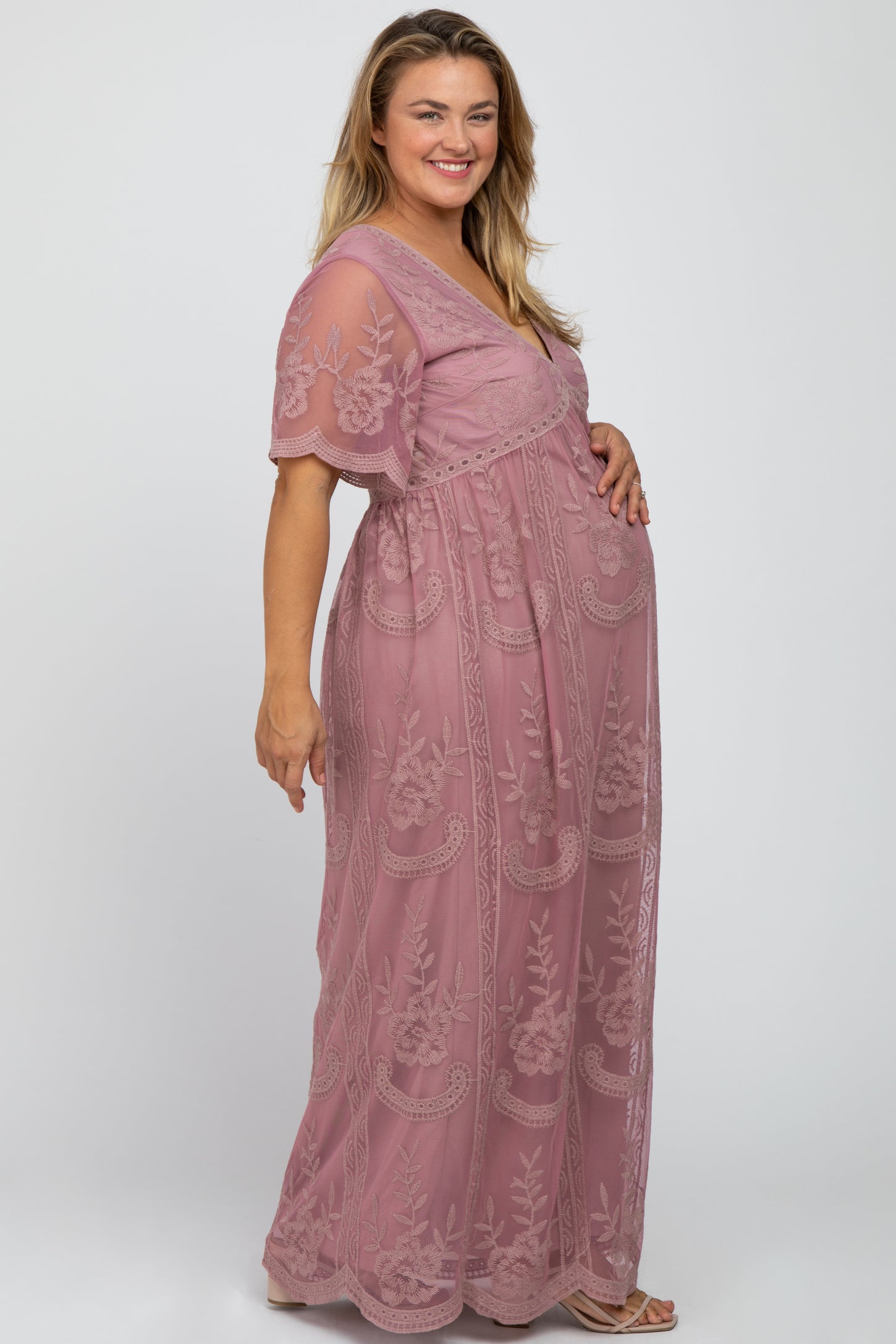 Mauve Lace Mesh Overlay Maternity Plus Maxi Dress