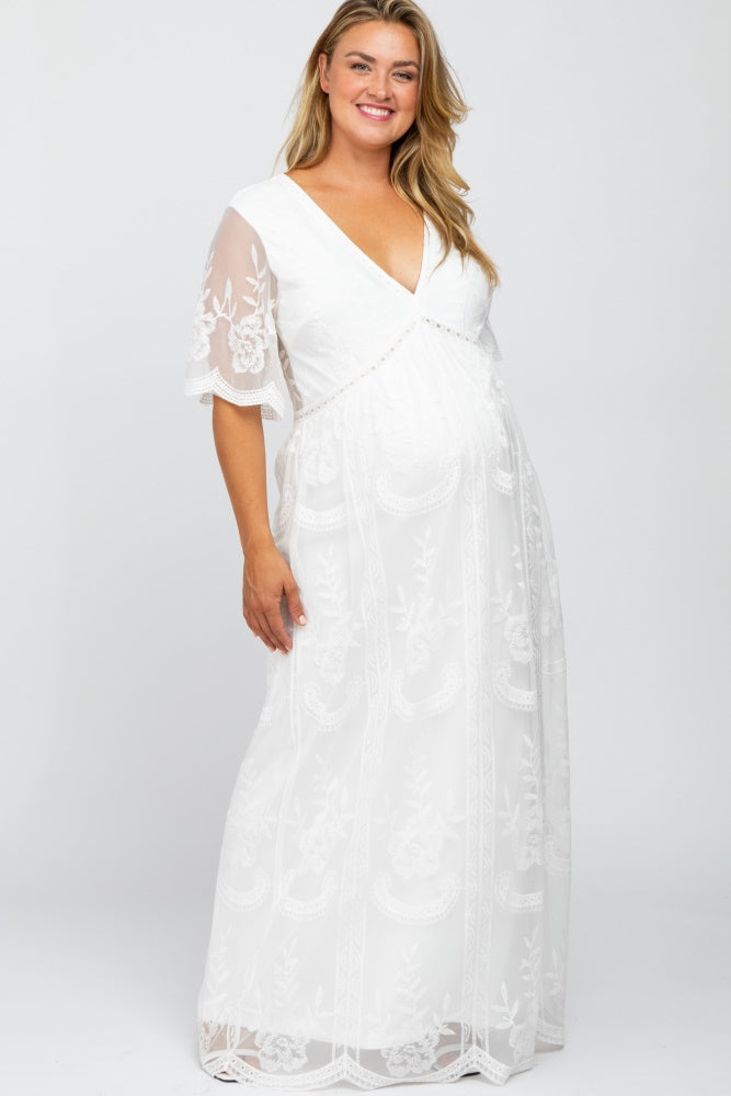 White Lace Mesh Overlay Maternity Plus Maxi Dress