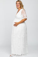 White Lace Mesh Overlay Maternity Plus Maxi Dress