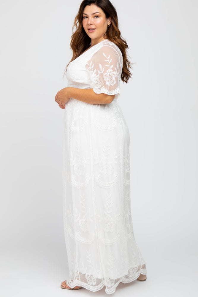 White Lace Mesh Overlay Plus Maxi Dress