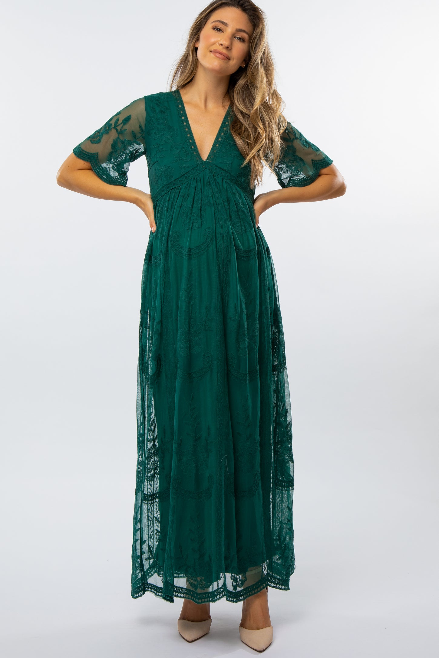 Forest Green Lace Mesh Overlay Maternity Maxi Dress– PinkBlush