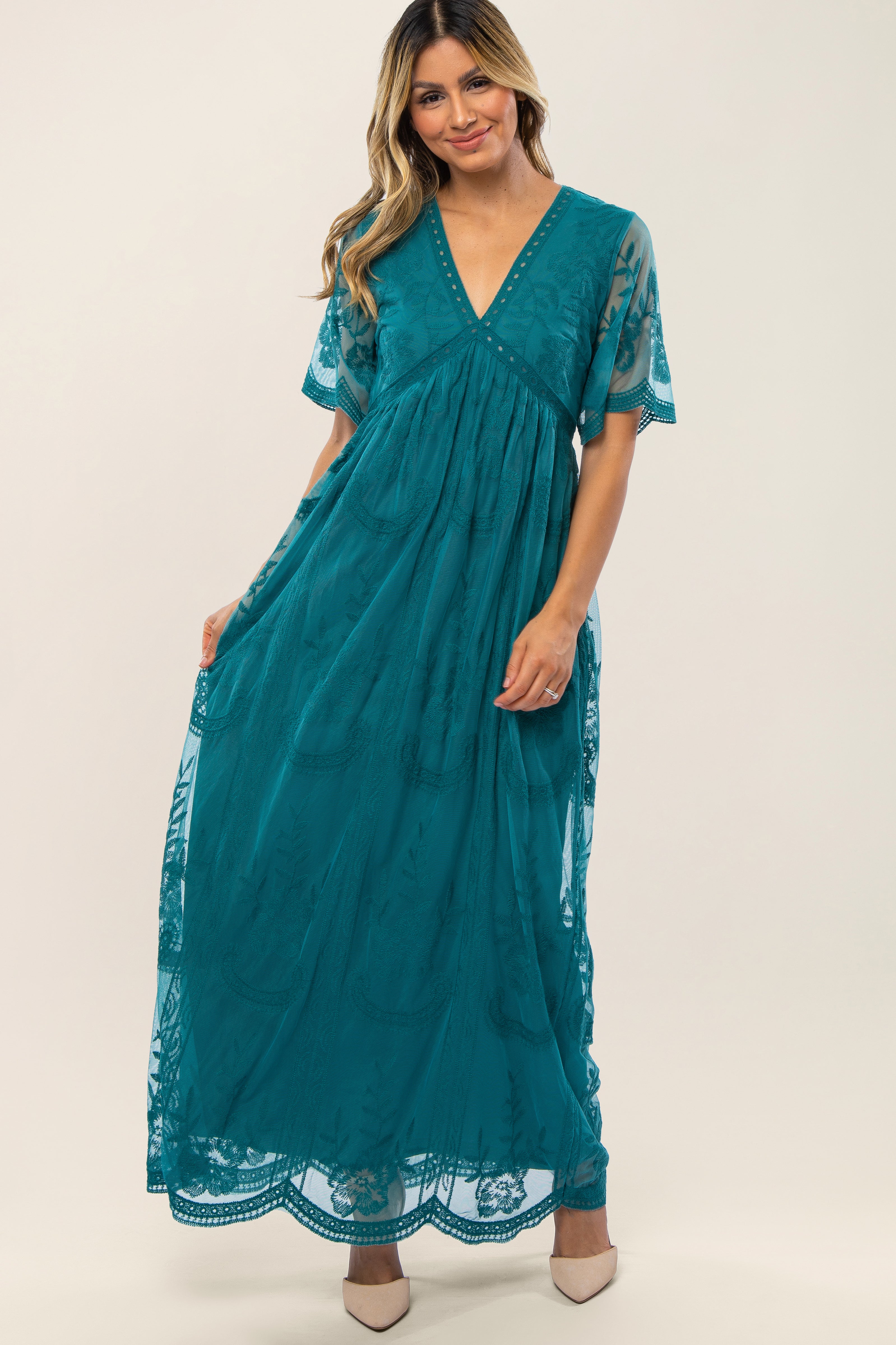 teal lace maternity dress Teal Green Lace Mesh Overlay Maternity Maxi Dress PinkBlush