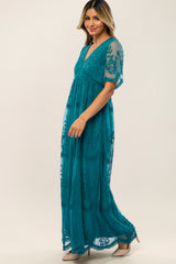 Teal Lace Mesh Overlay Maxi Dress
