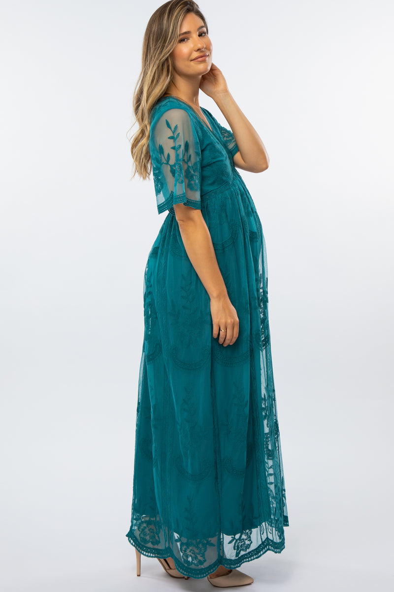 Teal Lace Mesh Overlay Maternity Maxi Dress – PinkBlush