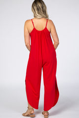Red Sleeveless Side Slit Maternity Jumpsuit