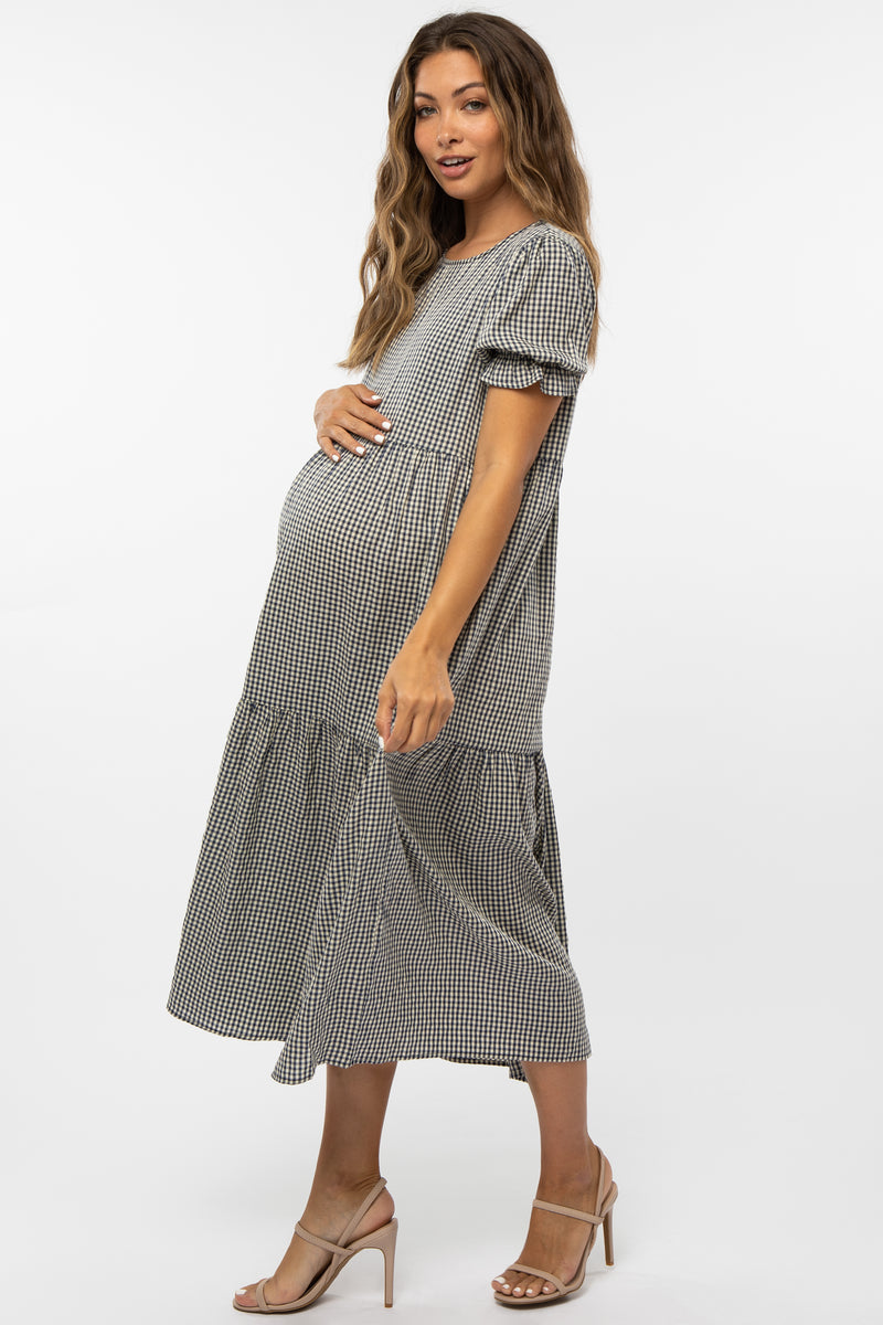 Navy Gingham Print Tiered Maternity Midi Dress– PinkBlush