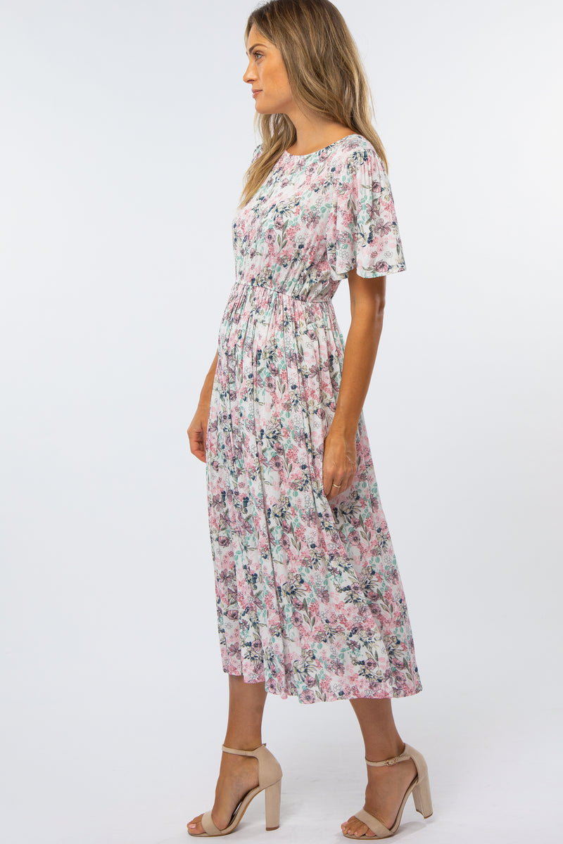 blush floral pleated ruffle midi dress Pink Floral Pleated Midi Dress