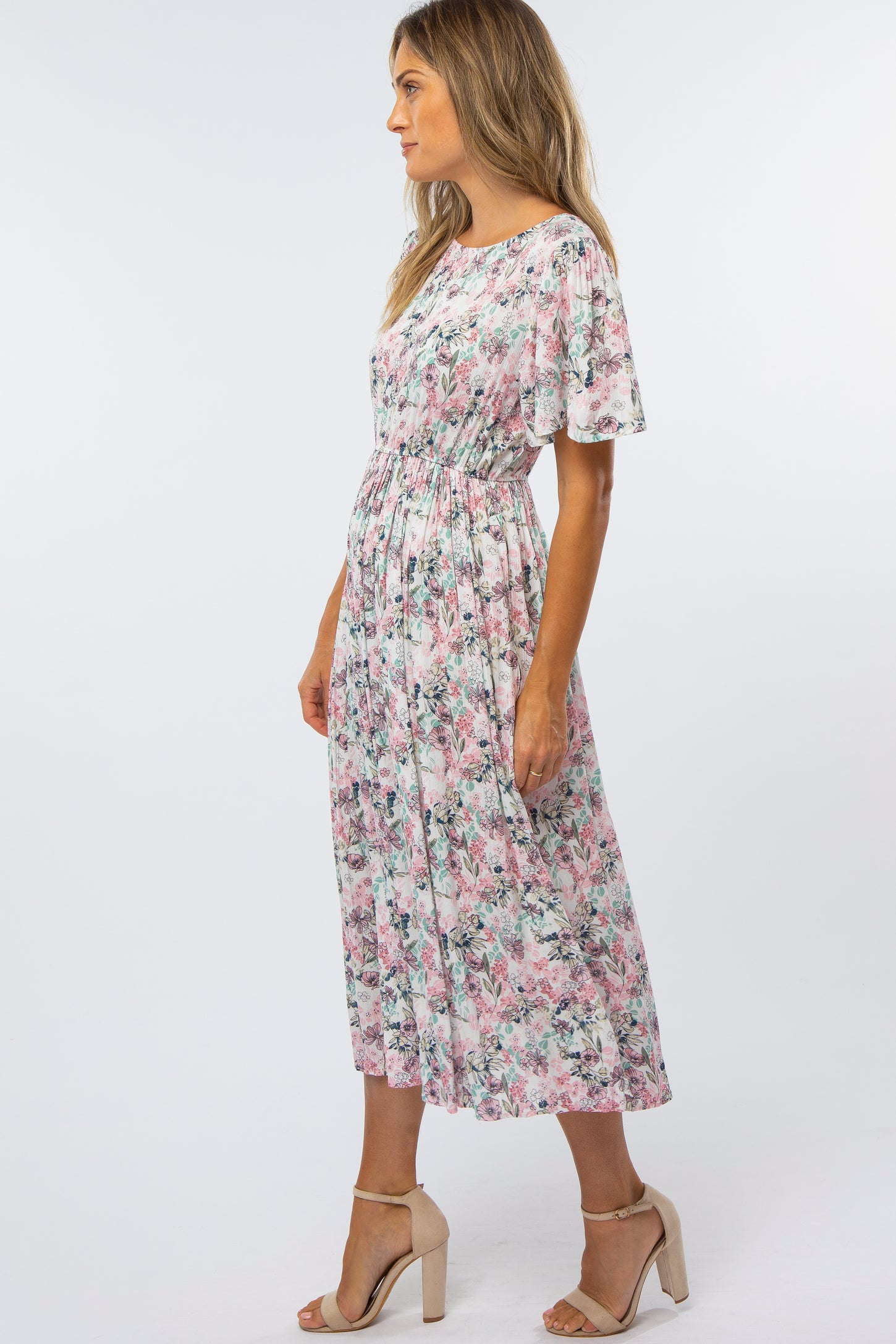 pink floral pleated midi dress Pleated Chiffon Midi Dress