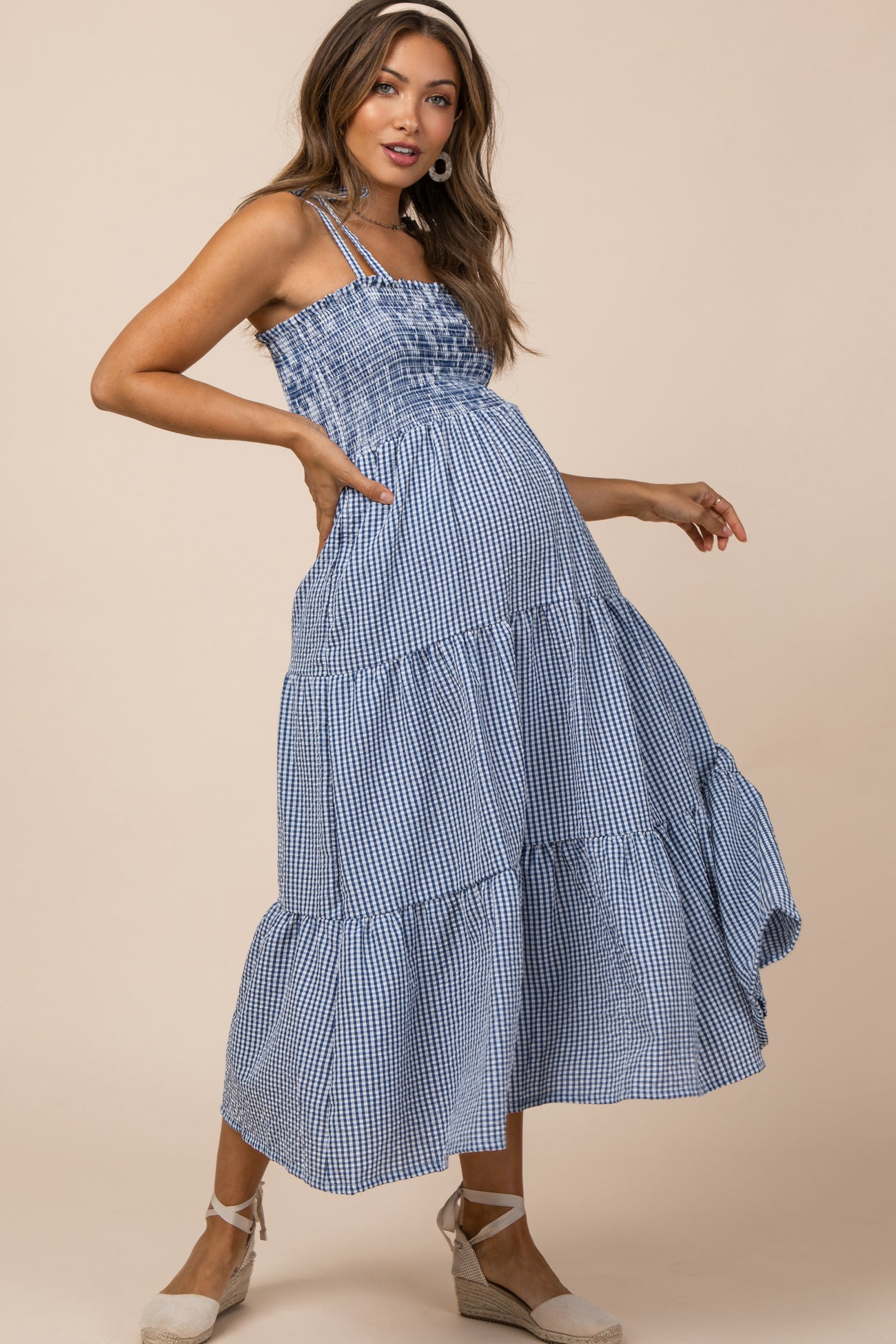 Navy Checkered Tiered Maternity Midi Dress– PinkBlush