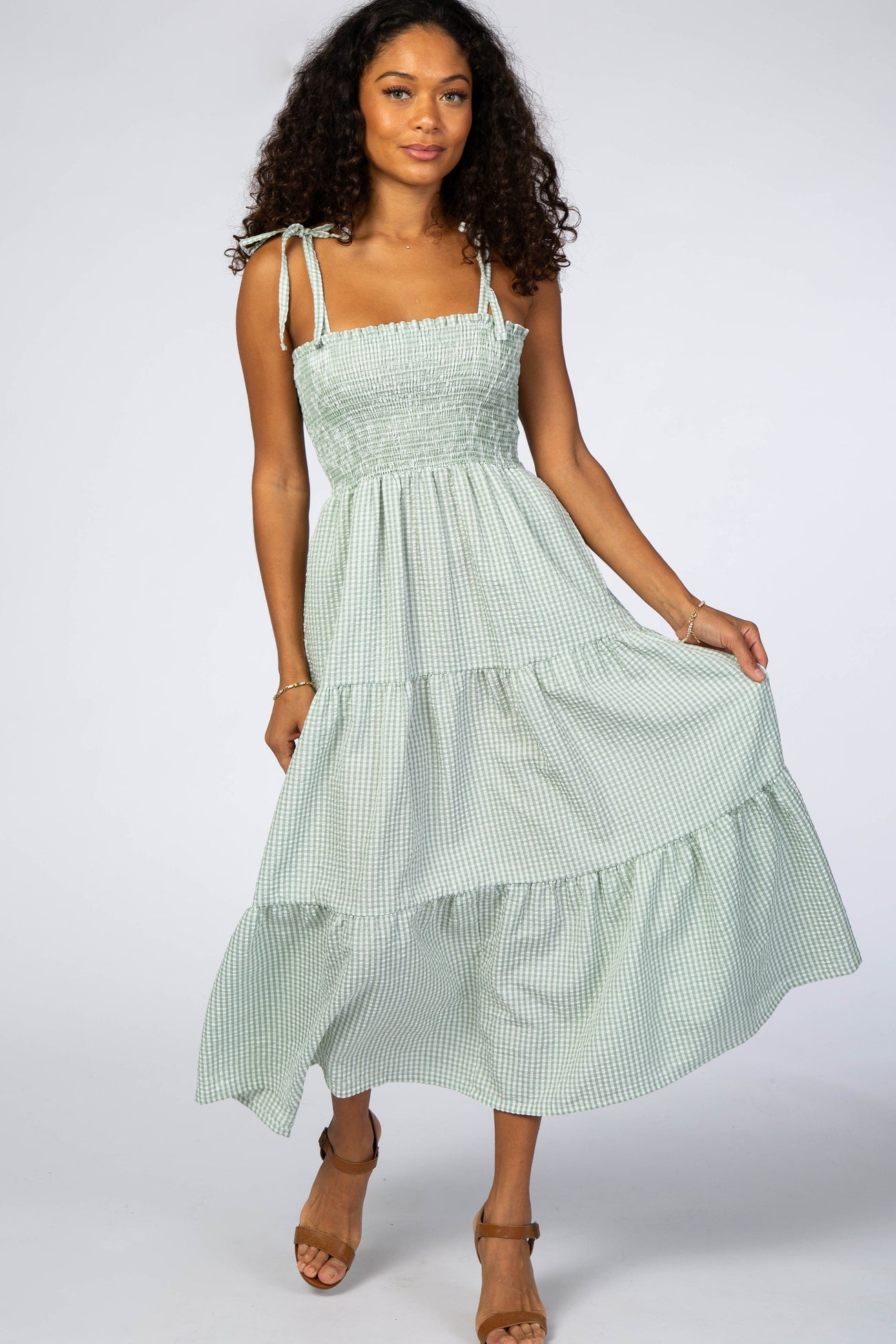 Mint Checkered Tiered Maternity Midi Dress – PinkBlush