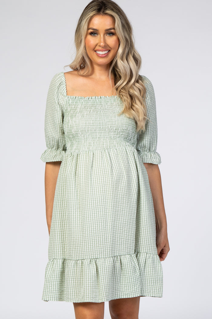 Mint Gingham Print Puff Sleeve Maternity Dress