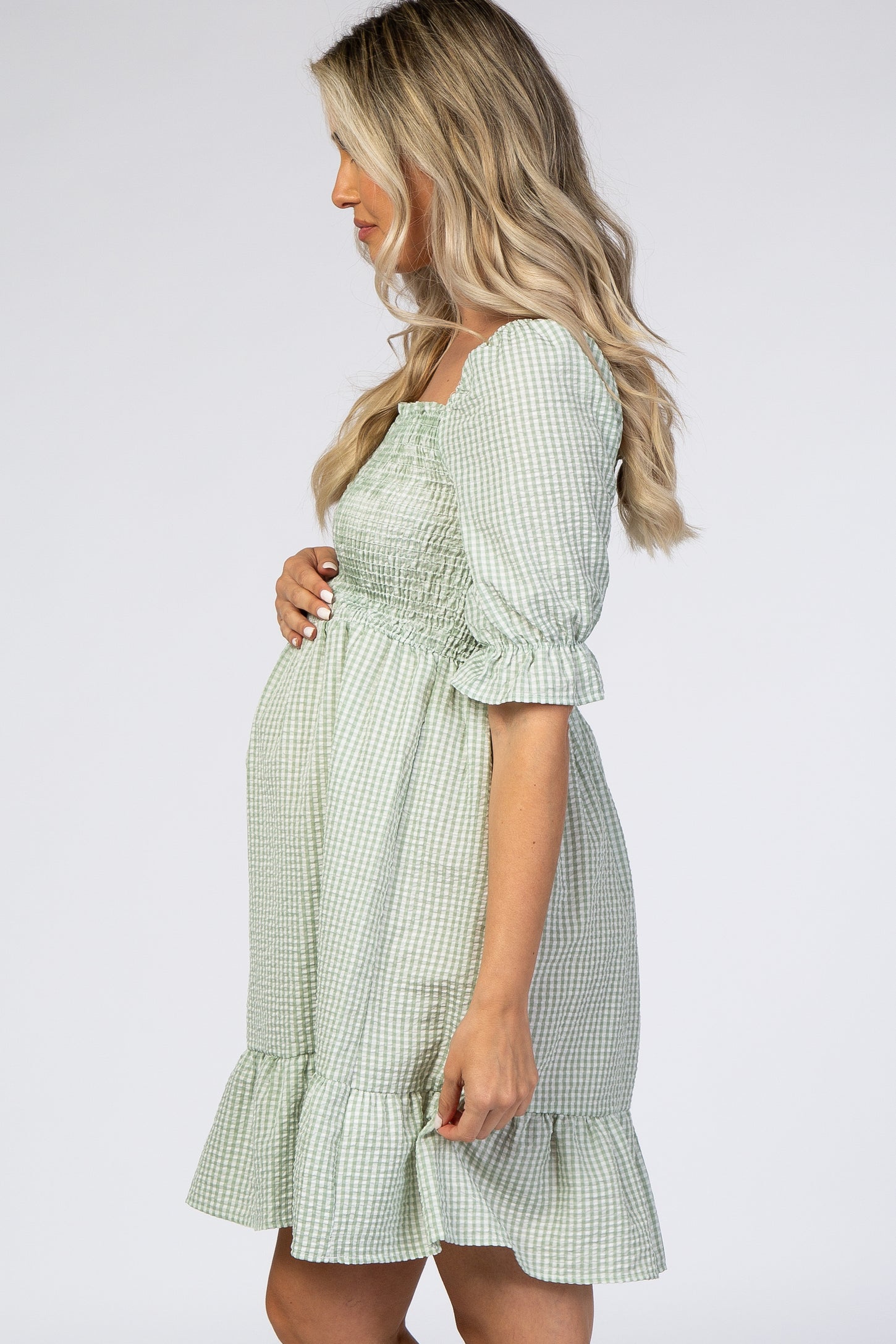 Mint Gingham Print Puff Sleeve Maternity Dress