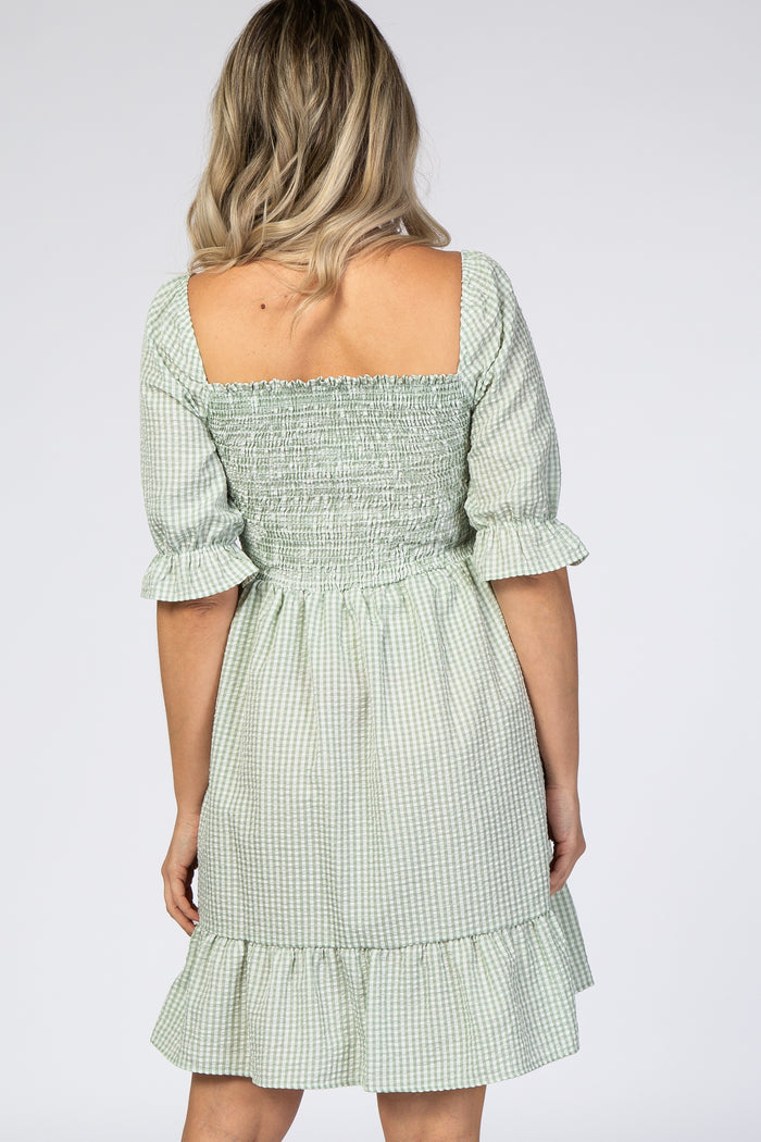 Mint Gingham Print Puff Sleeve Maternity Dress