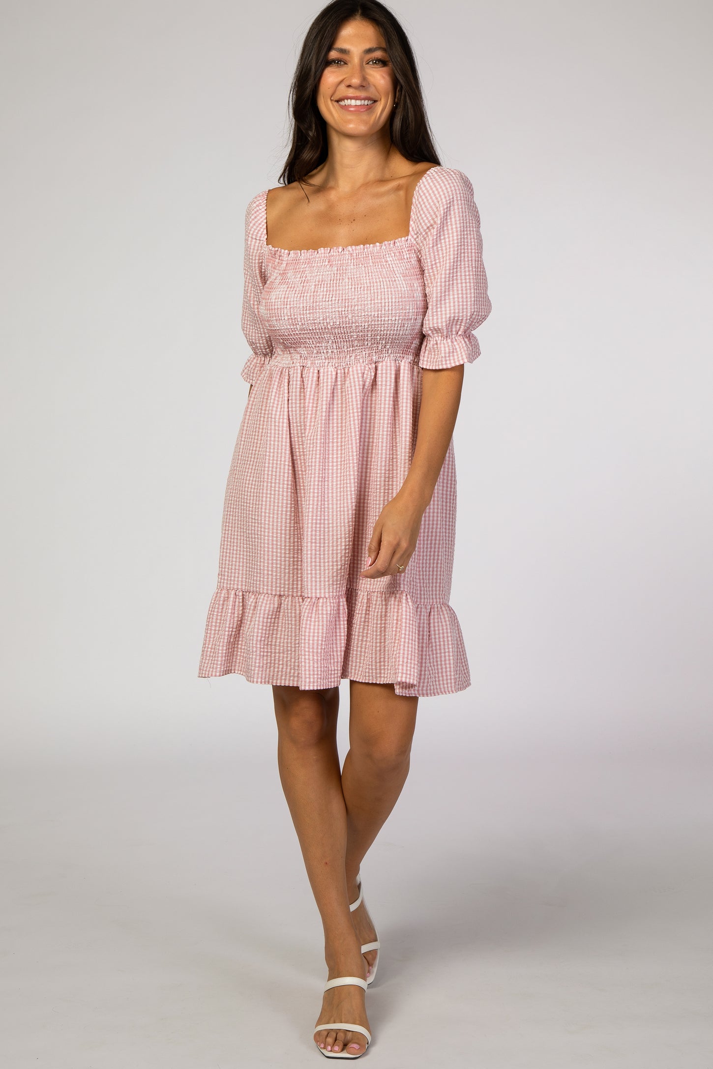 Pink Gingham Print Puff Sleeve Dress