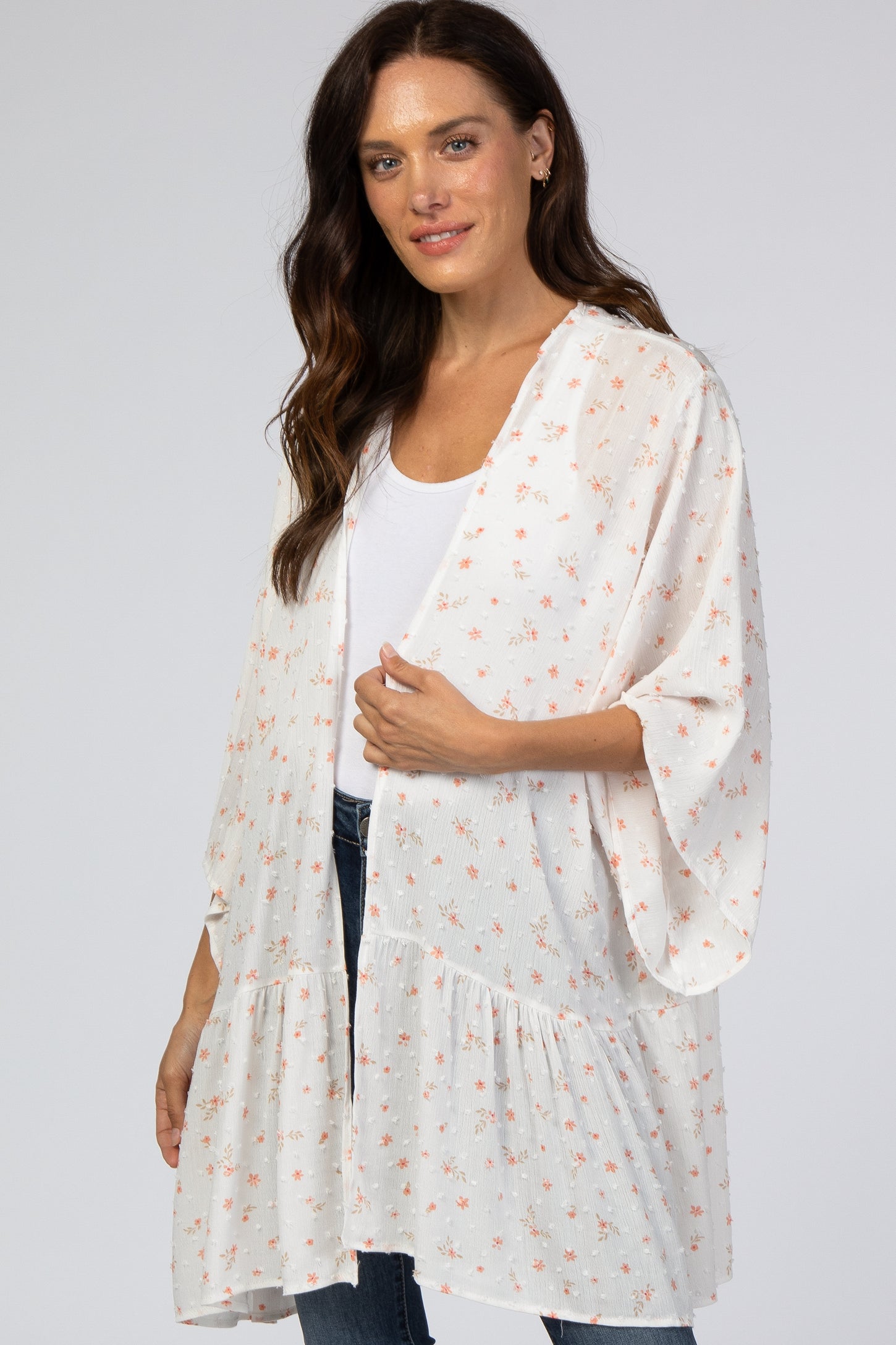 Ivory Floral Swiss Dot Ruffle Hem Cover Up