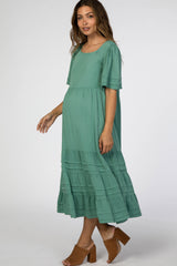 Green Tiered Pintuck Maternity Midi Dress