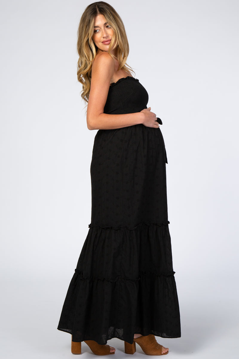 Black Strapless Smocked Front Eyelet Maternity Maxi Dress– PinkBlush