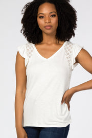 Ivory Lace Inset Ruffle Accent Top
